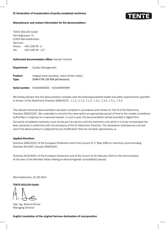 Integral assist EC installation declaration