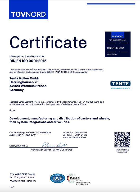 Certificate ISO 9001 - TENTE Rollen GmbH