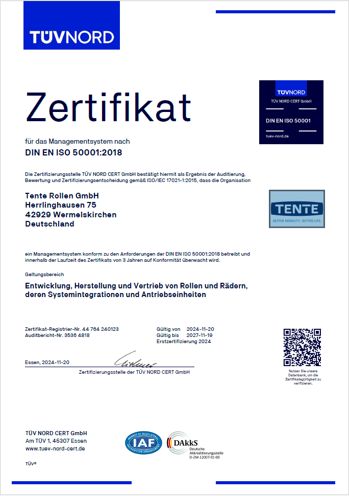 Certificate ISO 50001:2018 - TENTE Rollen GmbH