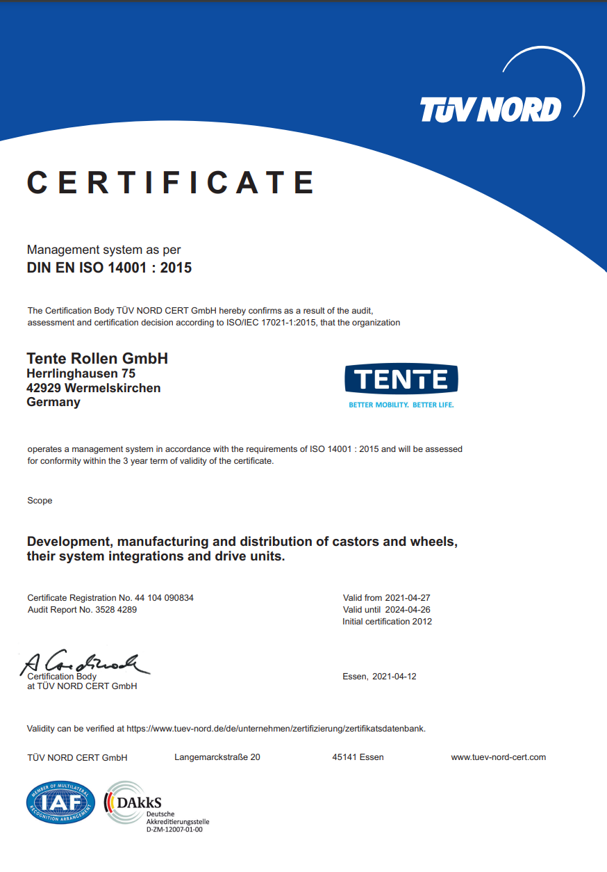 Certificat ISO 14001 - TENTE Rollen GmbH