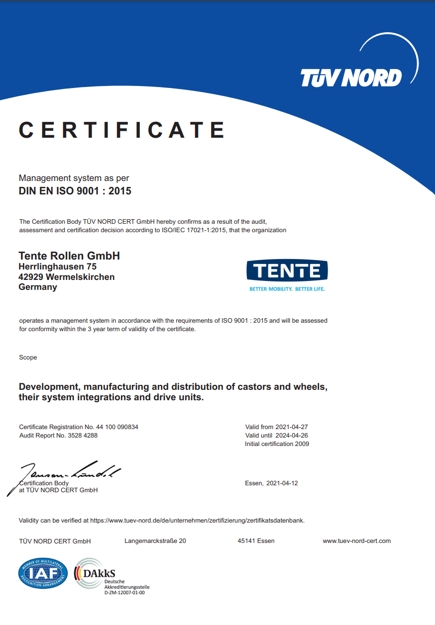 Certificate ISO 9001 - TENTE Rollen GmbH